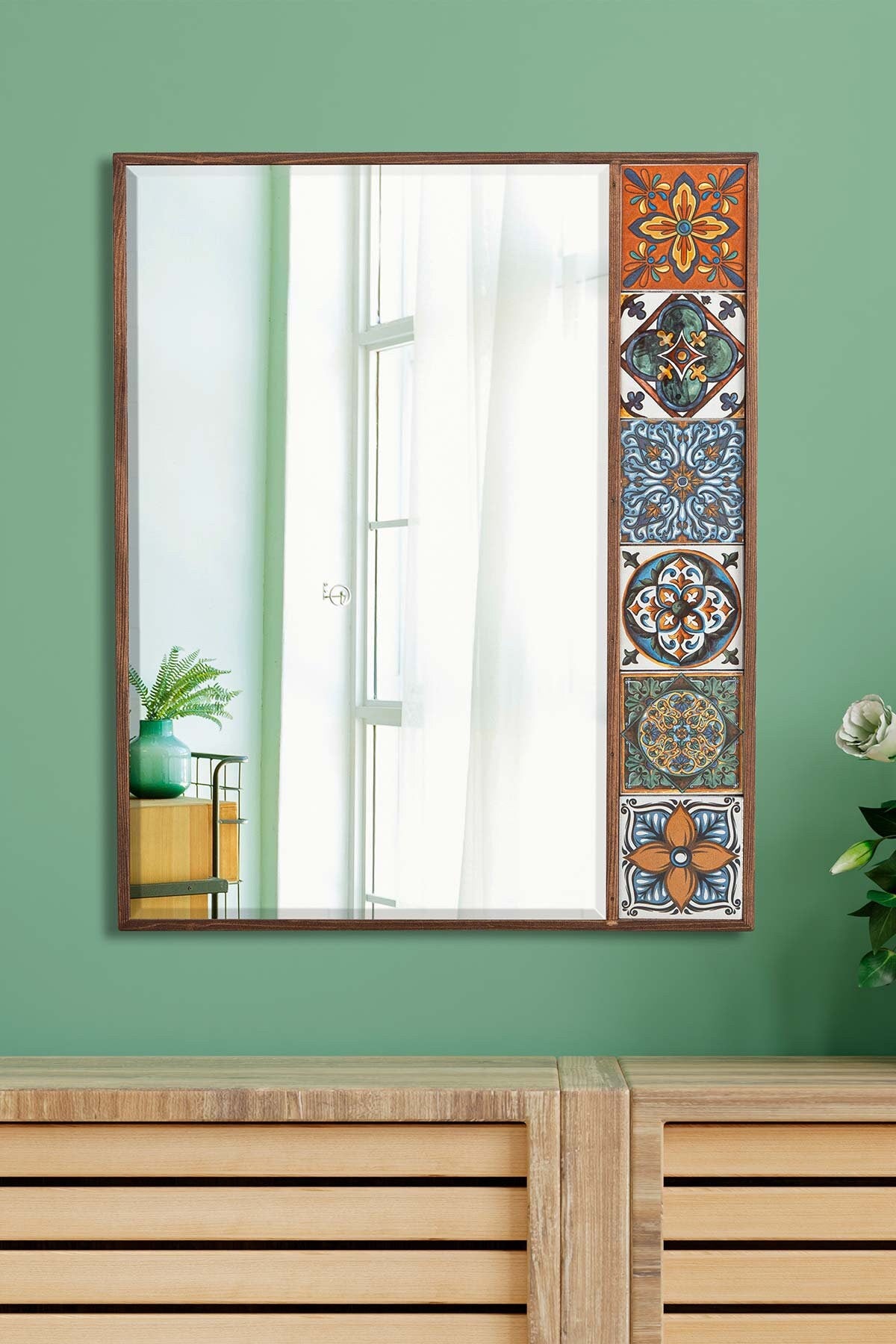 Artisan-Crafted Ceramic Mirror: Handmade Tiles, Real Wood Frame - Unique Home Decor Accent